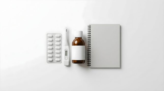 Medical supplies with thermometer and medicine bottle on white background
