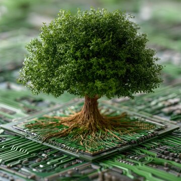 Green tree with roots spreading across a computer motherboard