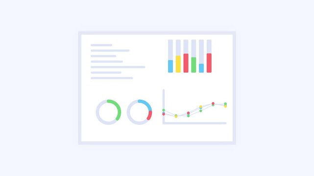 Digital data visualization dashboard featuring colorful business charts and line graphs