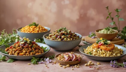 Fototapeta premium This image showcases a variety of beautifully presented dishes, perfect for culinary inspiration or food-related content, AI generated
