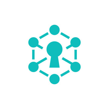 Turquoise keyhole network logo encircled by connected nodes, ideal for secure platforms, cybersecurity, identity, access management, cloud, and data services.