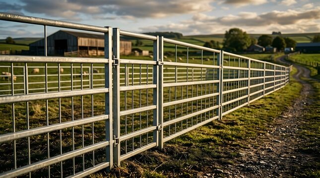 Metal farm gate enclosing a sheep pasture in the countryside at sunset