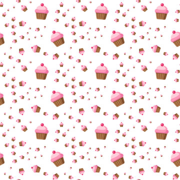 Seamless pattern of cute cupcakes with pink cream frosting and chocolate cake on white background