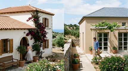 Fototapeta premium Couple enjoying mediterranean villa lifestyle in summer