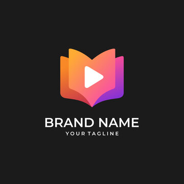 Bright gradient book and play logo on a dark background, ideal for video learning, online education, streaming lessons, digital publishing, and multimedia apps.