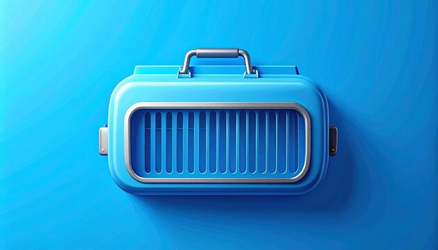 Empty Blue Plastic Pet Carrier on Solid Background.