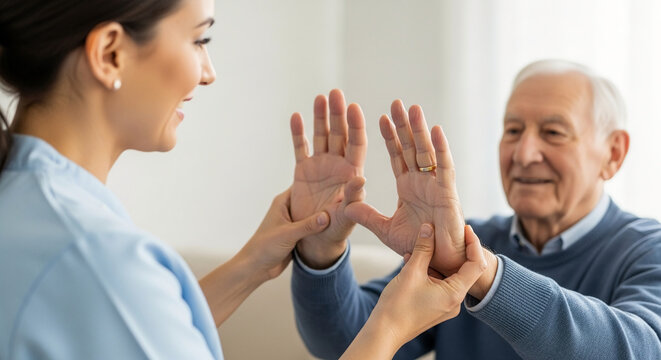 Caring female nurse helping an elderly man with hand rehabilitation exercises to improve motor skills and flexibility during home visit.
