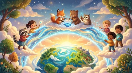 Obraz premium Children and animals protecting the planet earth in a magical sky