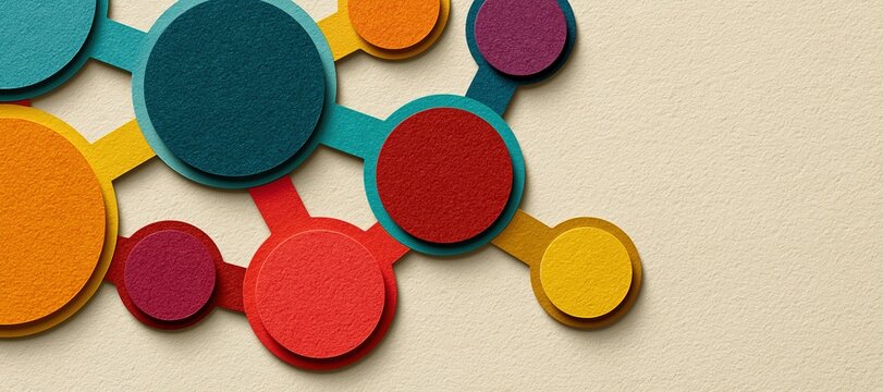 Colorful paper cut circles connected by pathways around cafeteria table shape