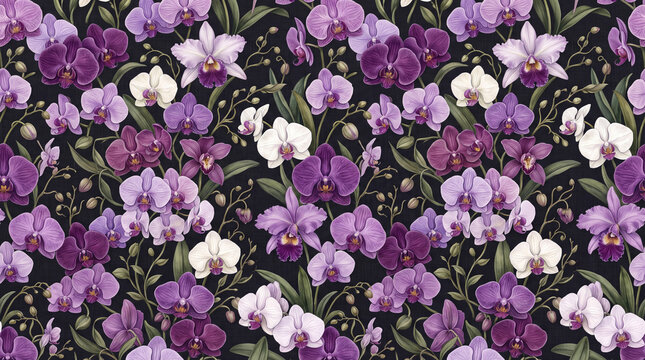 Seamless pattern of beautiful purple and white orchids on a dark background, creating a vibrant floral design