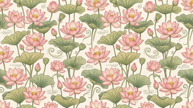 Seamless pattern featuring pink lotus flowers and green leaves on a soft beige background