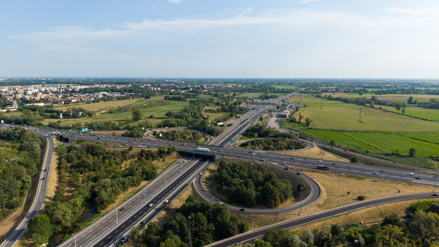 A7 Motorway Interchange in Assago Near Milan Italy Aerial View