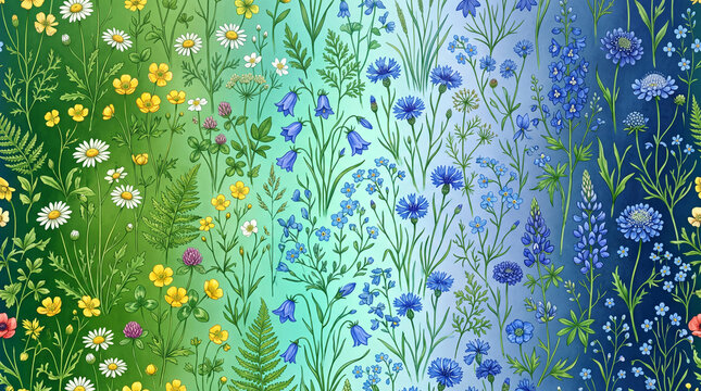 A vibrant seamless pattern featuring a variety of colorful wildflowers in a gradient background from green to blue, showcasing detailed floral