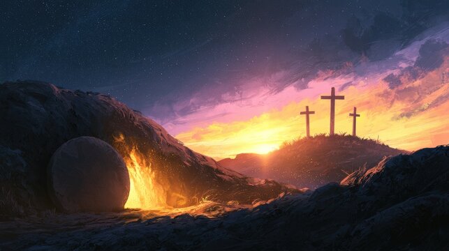 3 Crosses and Bright Lights from Cave Symbolize He Has Risen