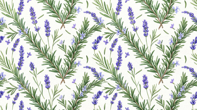Seamless pattern featuring lavender flowers and green leaves on a light background, evoking a calming and floral atmosphere
