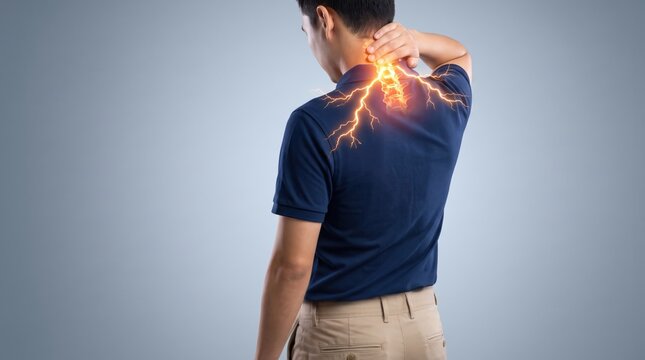 Man suffering from severe back pain holding neck with glowing lightning effect on spine illustrating nerve damage or injury discomfort concept for medical health care illustration.