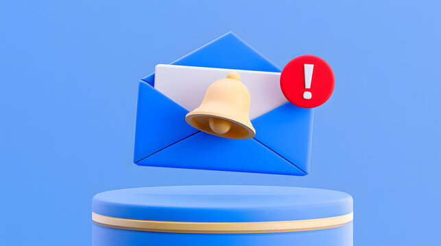 A 3D open envelope with an alert bell icon and a red badge is displayed over a blue podium in the email marketing newsletter notification