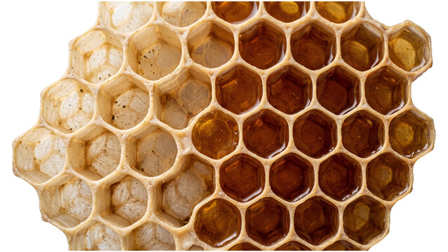 Honeycomb cells filled with honey and wax on transparent background