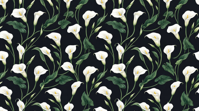 Seamless pattern featuring white calla lilies and green leaves on a dark background