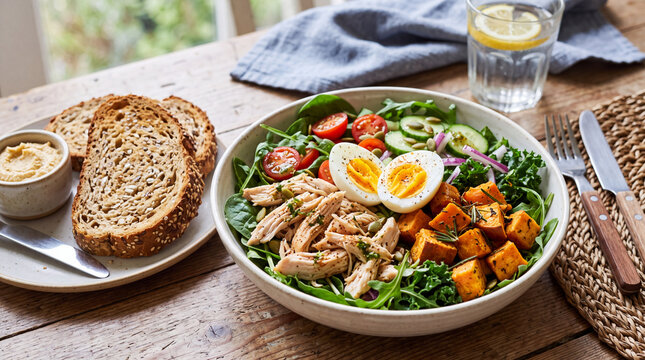 Colorful chicken salad with mixed greens, eggs, cherry tomatoes, and roasted sweet potatoes on a wooden table with bread and water