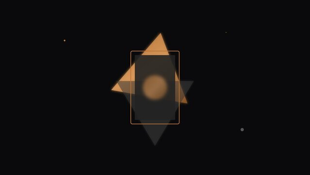 Minimalist abstract geometric design with glowing orange triangles and dark rectangles on a black background