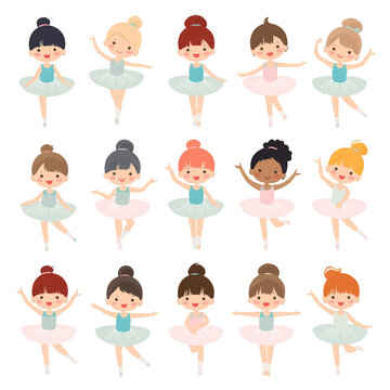 Cute cartoon ballerina girls dancing in tutus. Vector set of little ballet dancers isolated on white background