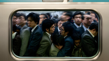 Fototapeta premium Rush Hour in Tokyo's Suburban Train with Busily Attired Businessfolk