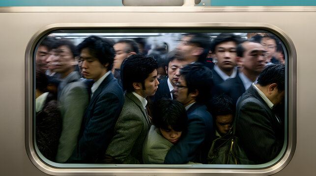 Rush Hour in Tokyo's Suburban Train with Busily Attired Businessfolk