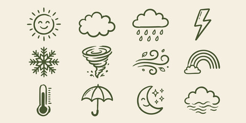 Obraz premium Set of hand drawn weather icons for meteorological forecast and climate design with climate change forecast symbols vector illustration icon weather element report meteorologica