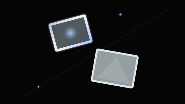 Abstract digital art with glowing geometric frames and dark space background