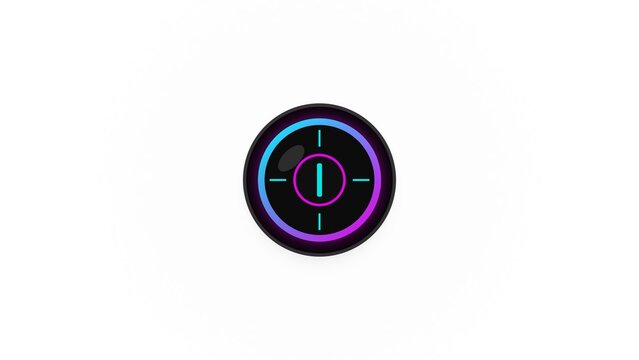 Futuristic neon power button icon with glowing cyan and purple circular lights on dark background