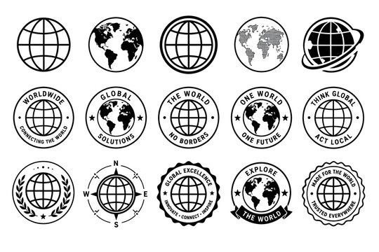Global world globe icons set, 15 black earth map stamps and badges. Worldwide logistics and international business symbols for corporate branding.