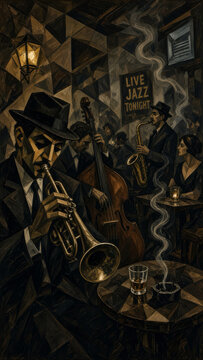 Cubist expressionism painting of a musician playing saxophone in a smoky dim lit urban jazz cafe