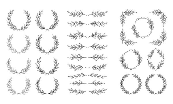 Minimalist laurel wreath collection, hand drawn botanical leaf borders, black line art floral frames, elegant wedding invitation svg elements