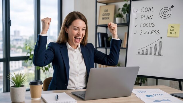 Cheering Businesswoman Celebrating Business Success Online Front Of Laptop,