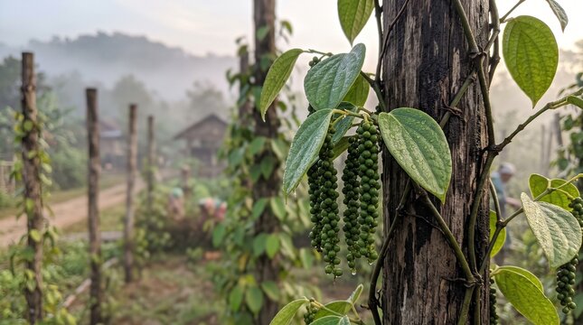 Black pepper vine climbing wooden support with peppercorns in varied ripening colors