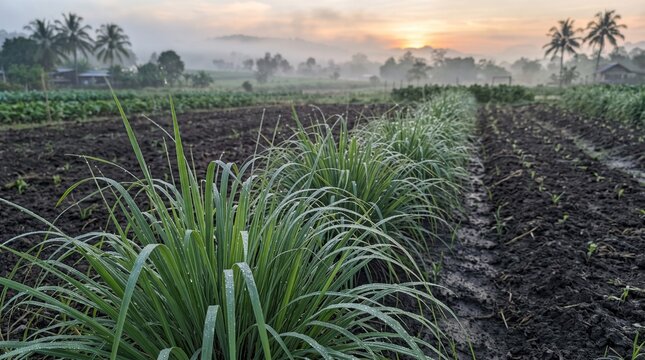 Lemongrass clumps glistening with morning dew in misty farm field