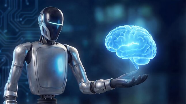 Robot holding glowing holographic brain in dark blue tech studio 3d render