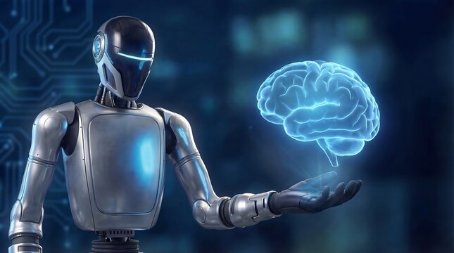 Robot holding glowing holographic brain in dark blue tech background 3d render