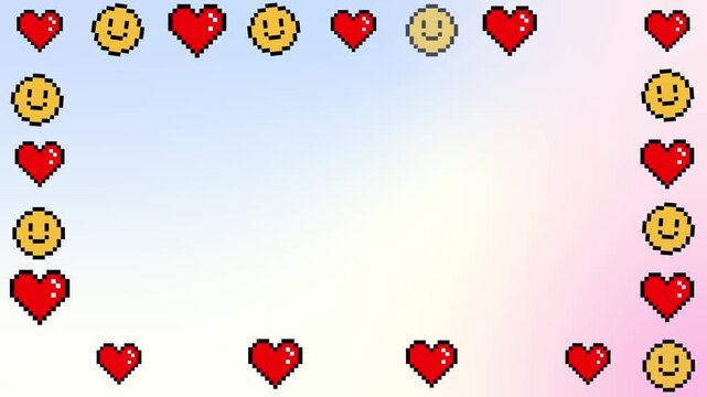 4k footage animation of pixel red heart and pixel smile emoji frame. Vintage bed symbol. 8 bit vanimation illustration with rainbow colourful background. Motion animation design.