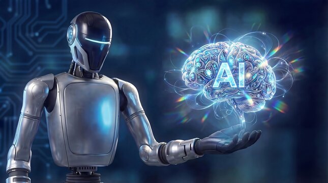 Robot holding glowing AI brain hologram in hand on dark blue tech background 3d render