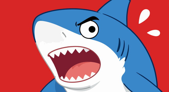Angry cartoon shark vector illustration, aggressive blue shark with sharp teeth, fierce marine predator mascot on red background