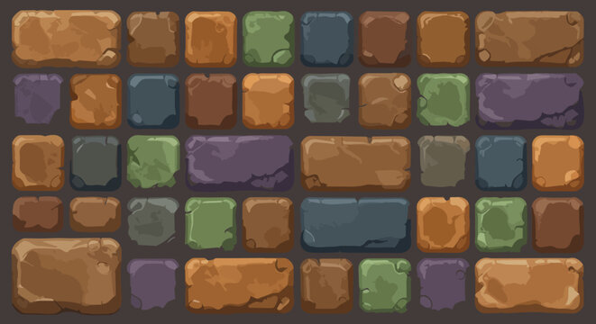 Cartoon stone brick wall texture, colorful rock block pattern vector, stylized fantasy game background masonry