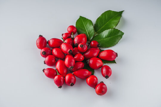 fresh red rose hips on a white background