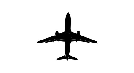 Fototapeta premium Airplane silhouette from top view isolated on white background. Minimalistic aircraft overhead concept for travel and aviation.