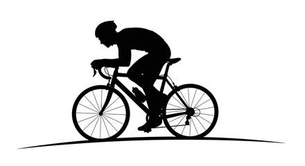 Fototapeta premium Black silhouette of a male cyclist riding a road bike in a racing position, ideal for sports, fitness, and active lifestyle designs.