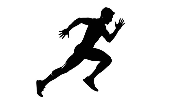 Black silhouette of a dynamic male sprinter running fast, athletic motion graphic, speed, fitness, and sport concept isolated on white.