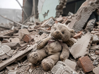Fototapeta premium Teddy Bear in Building Rubble After Disaster Symbolizing Children Affected by War