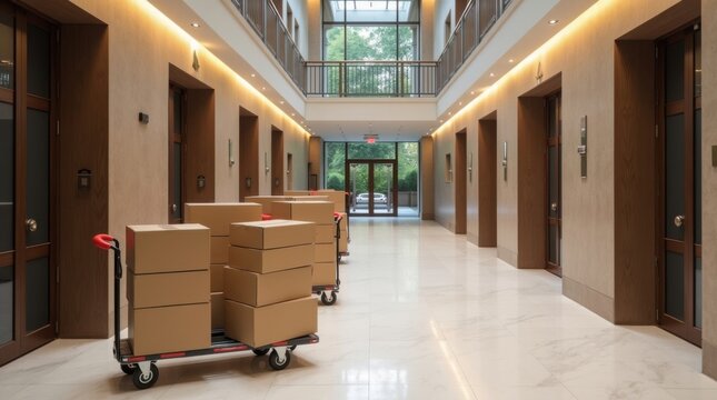 Vest&iacute;bulo de un edificio de apartamentos de lujo con carritos para equipaje y cajas de mudanza listos para el traslado