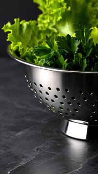 A stainless steel colander filled with fresh green lettuce and herbs on a dark stone surface